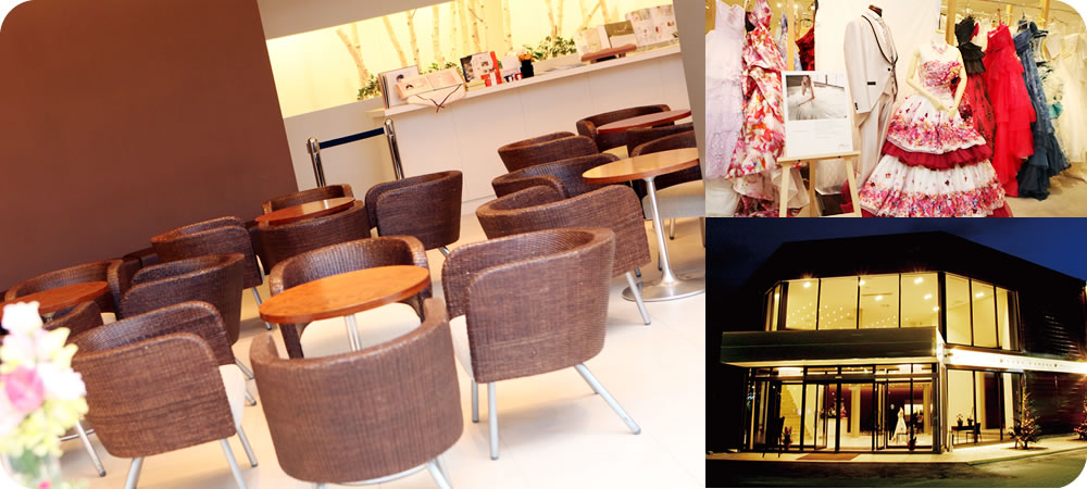 津ショールームの外観、打ち合せスペース、ドレスコレクションの写真です